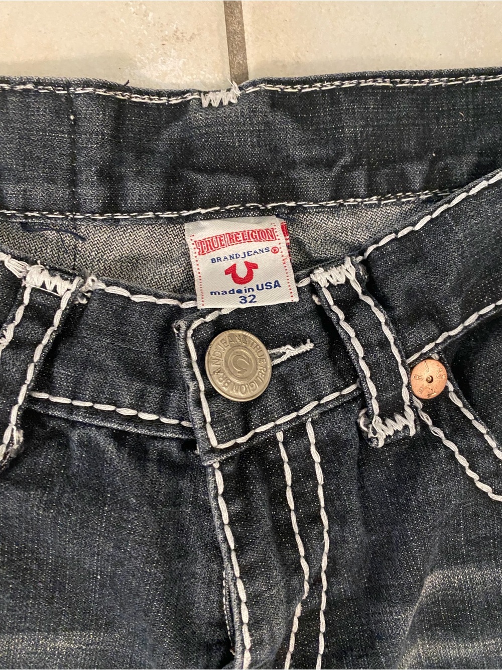 Unisex Vintage True Religion Joey Super T Jeans Dark Wash Contrast Stitch Sz 32 - Picture 3 of 5